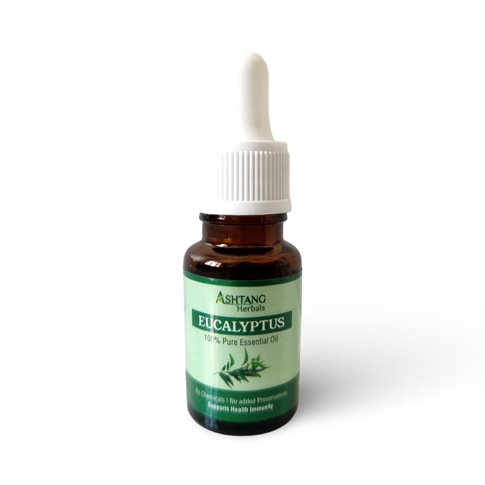 Bottle of Ashtang Herbals Eucalyptus essential oil on a white background